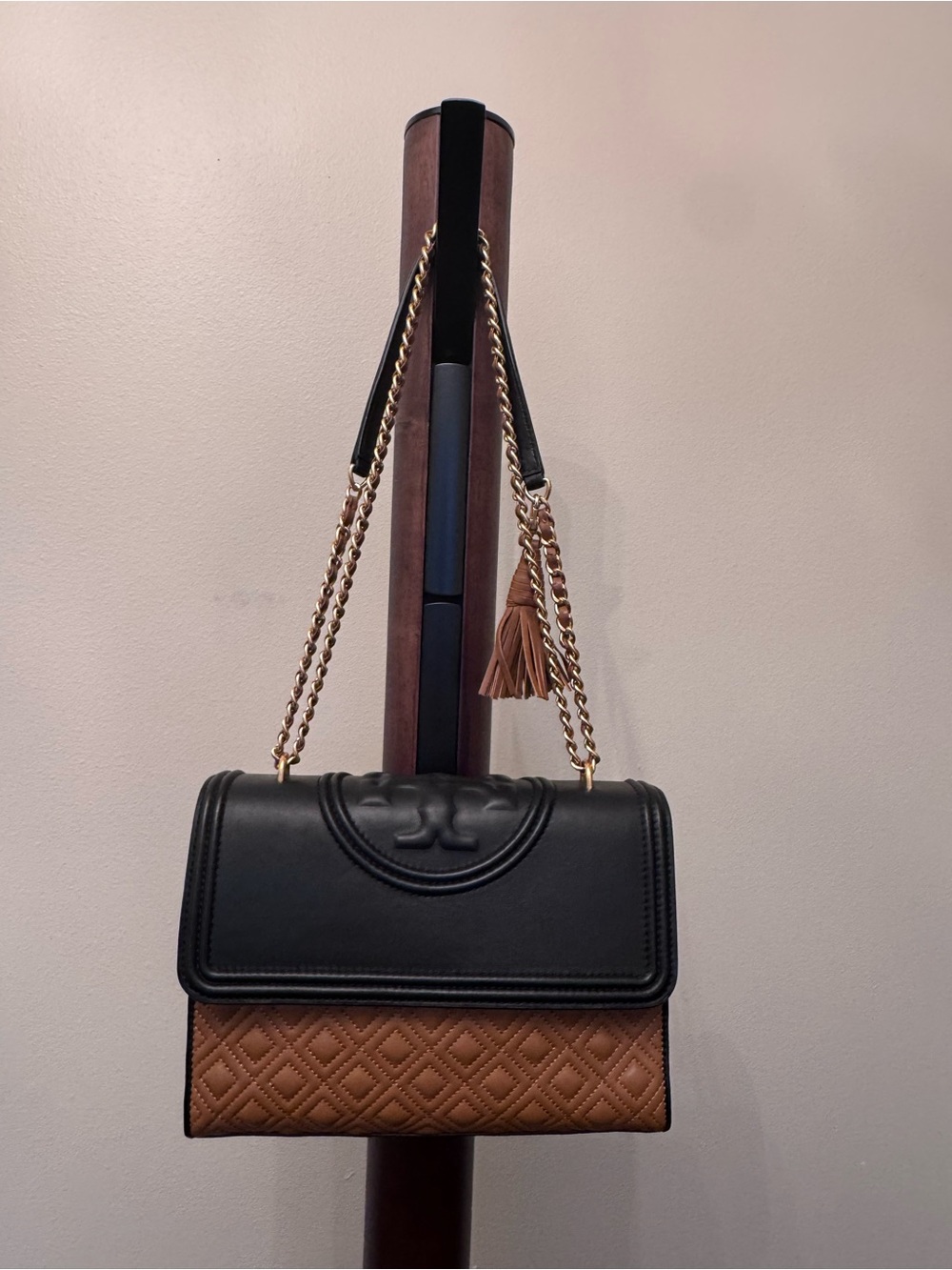 Tory Burch Black and Brown Quilted Chain-Handle Shoulder Bag with Tassel